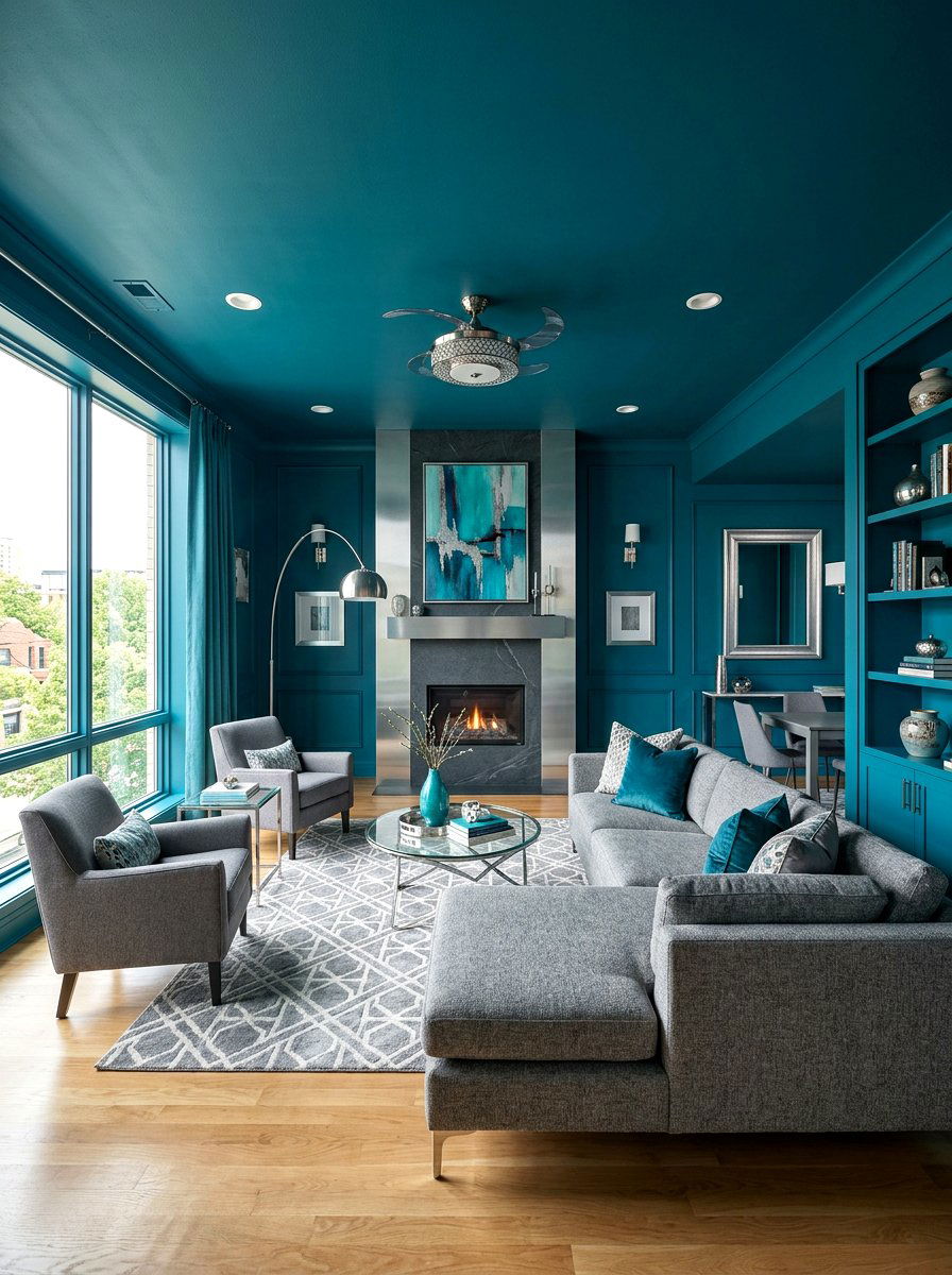Teal color drenched living room - 30 ceiling drench living room ideas