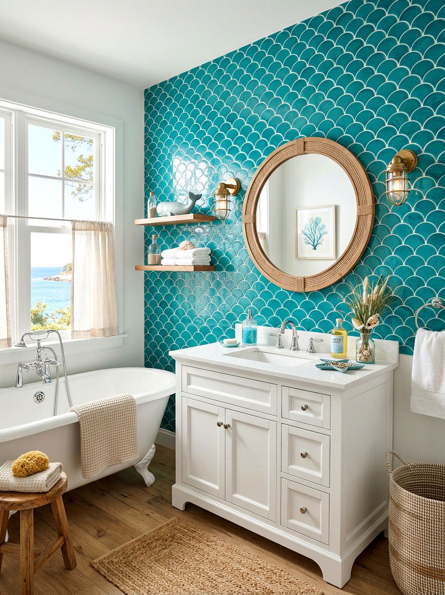 Teal fish scale wall tile - 30 removable tile bathroom ideas