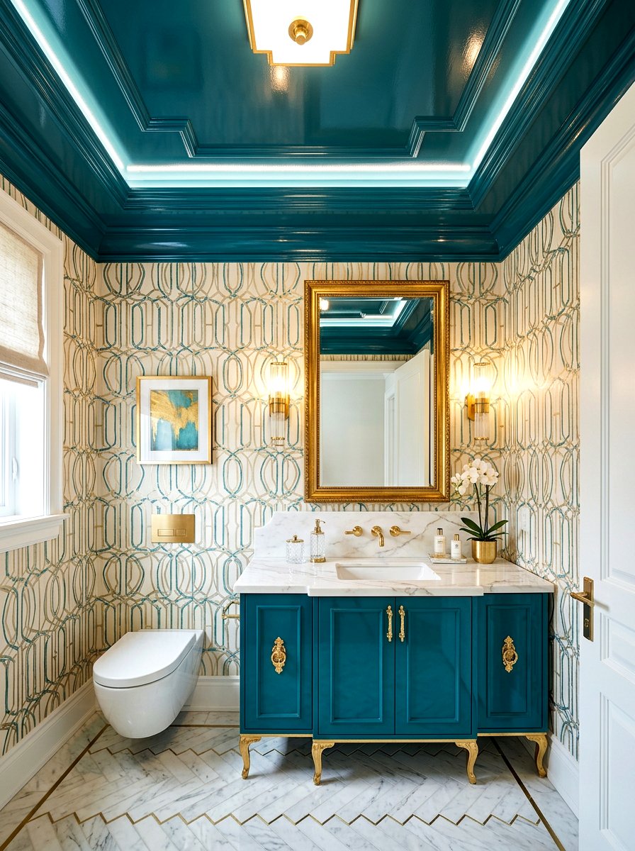Teal high gloss ceiling - 30 painted ceiling ideas