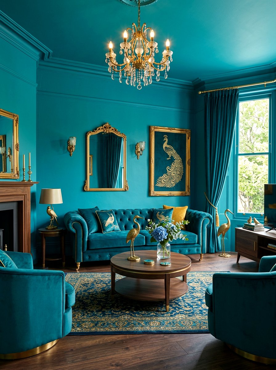 Teal living room - 30 color drench living room ideas