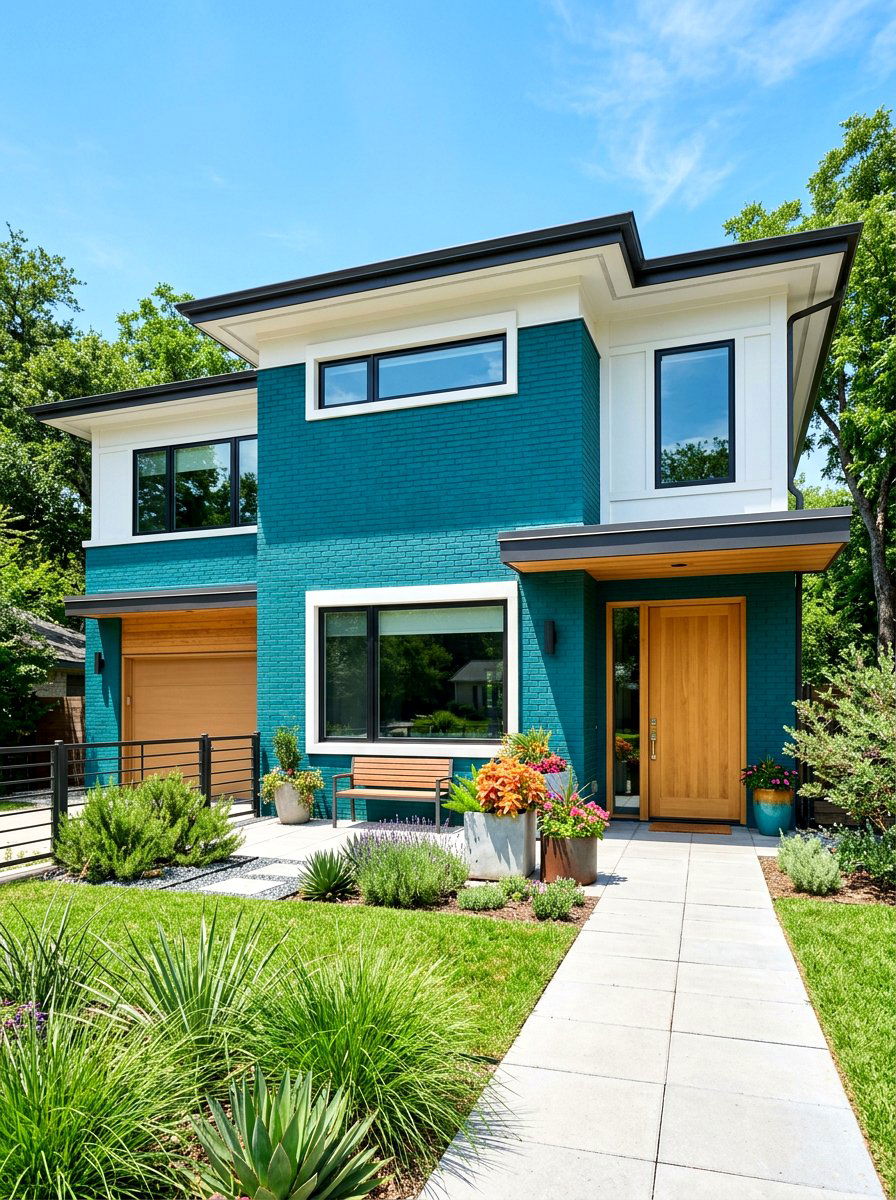 Teal painted brick exterior - 30 painted brick house ideas