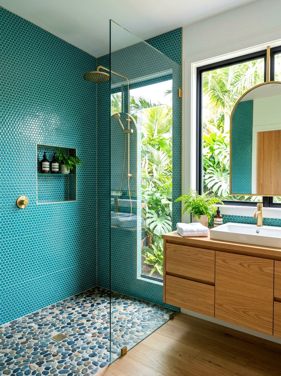 Teal penny tile walls - 30 penny tile bathroom ideas