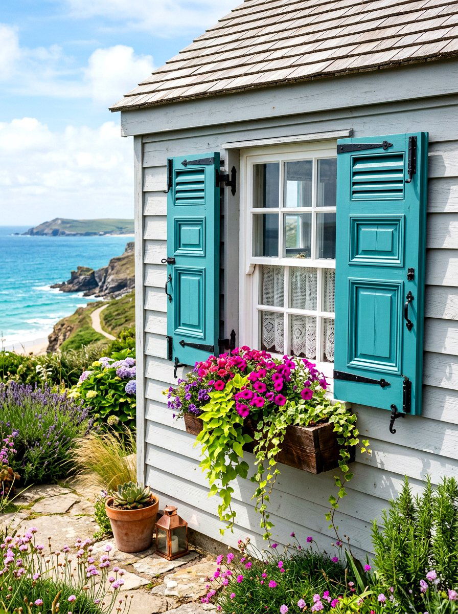 Teal shutters - 30 shutters and flower box ideas
