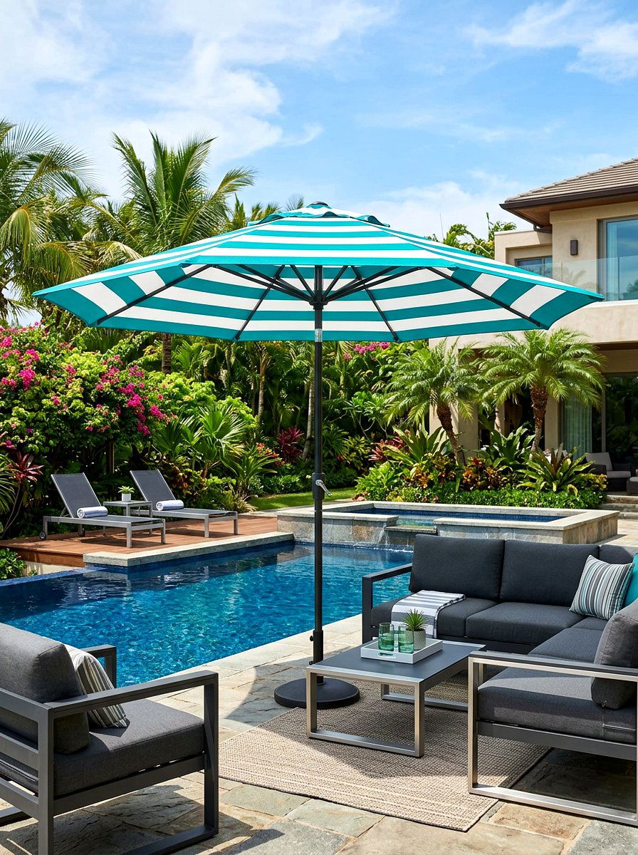 Teal striped patio umbrella - 30 striped patio umbrella ideas