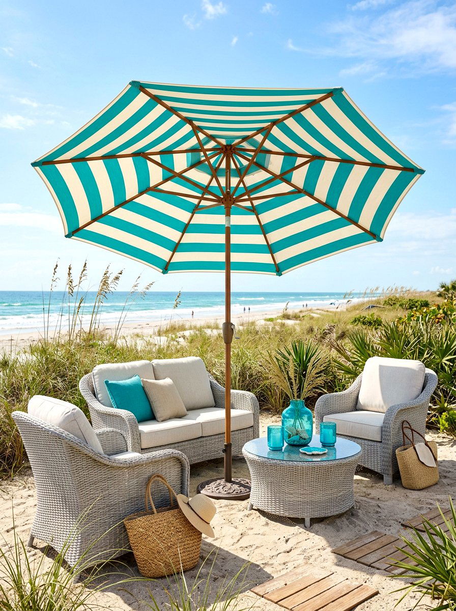 Teal striped umbrella - 30 striped umbrella patio decor ideas