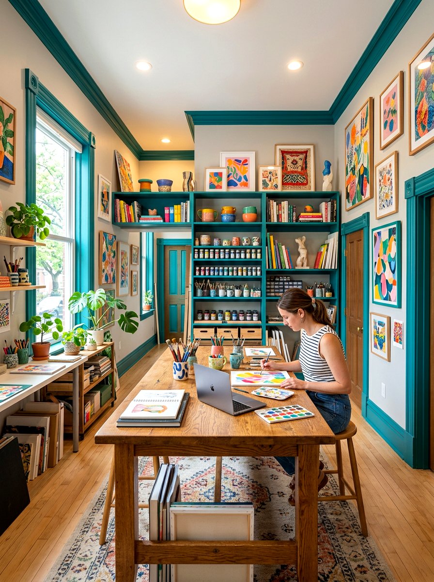 Teal trim creative studio - 30 painted trim room ideas