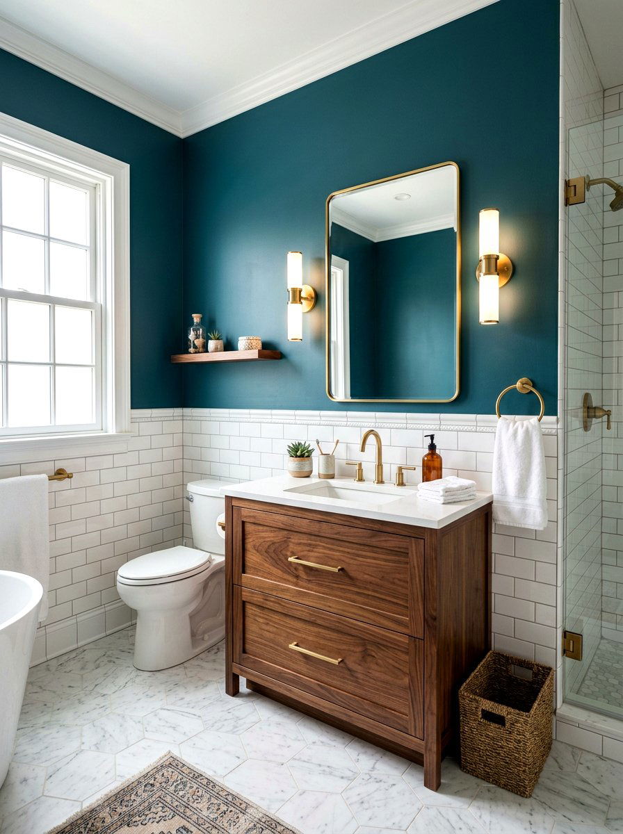 Teal wall paint - 30 mid century bathroom ideas