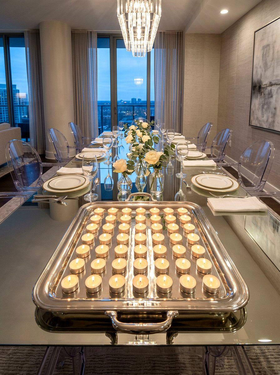 Tealight candle tray dining table centerpiece - 30 candlelit dining room ideas aesthetic