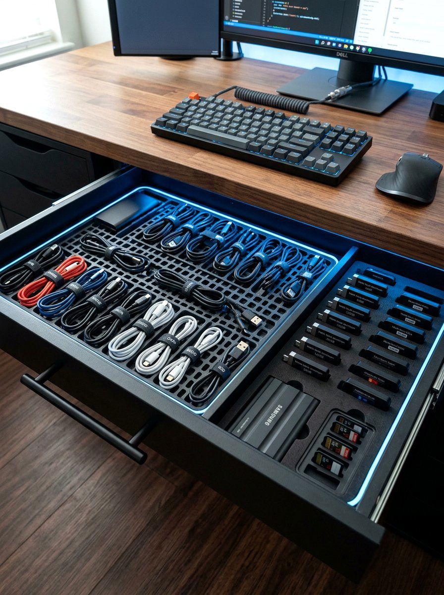 Tech Cable Management Trays - 30 desk drawer organization ideas