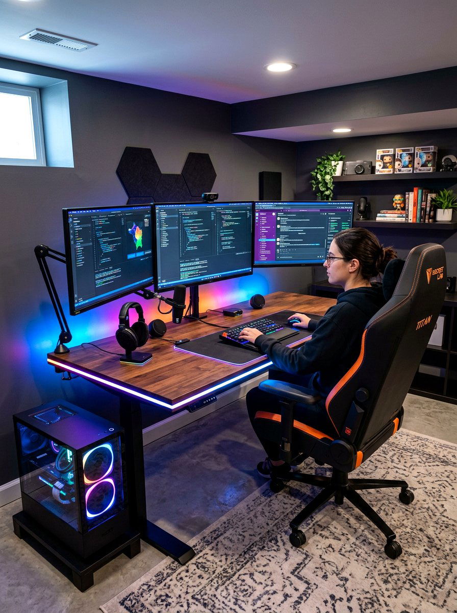 Tech Focused Desk - 30 basement office nook ideas