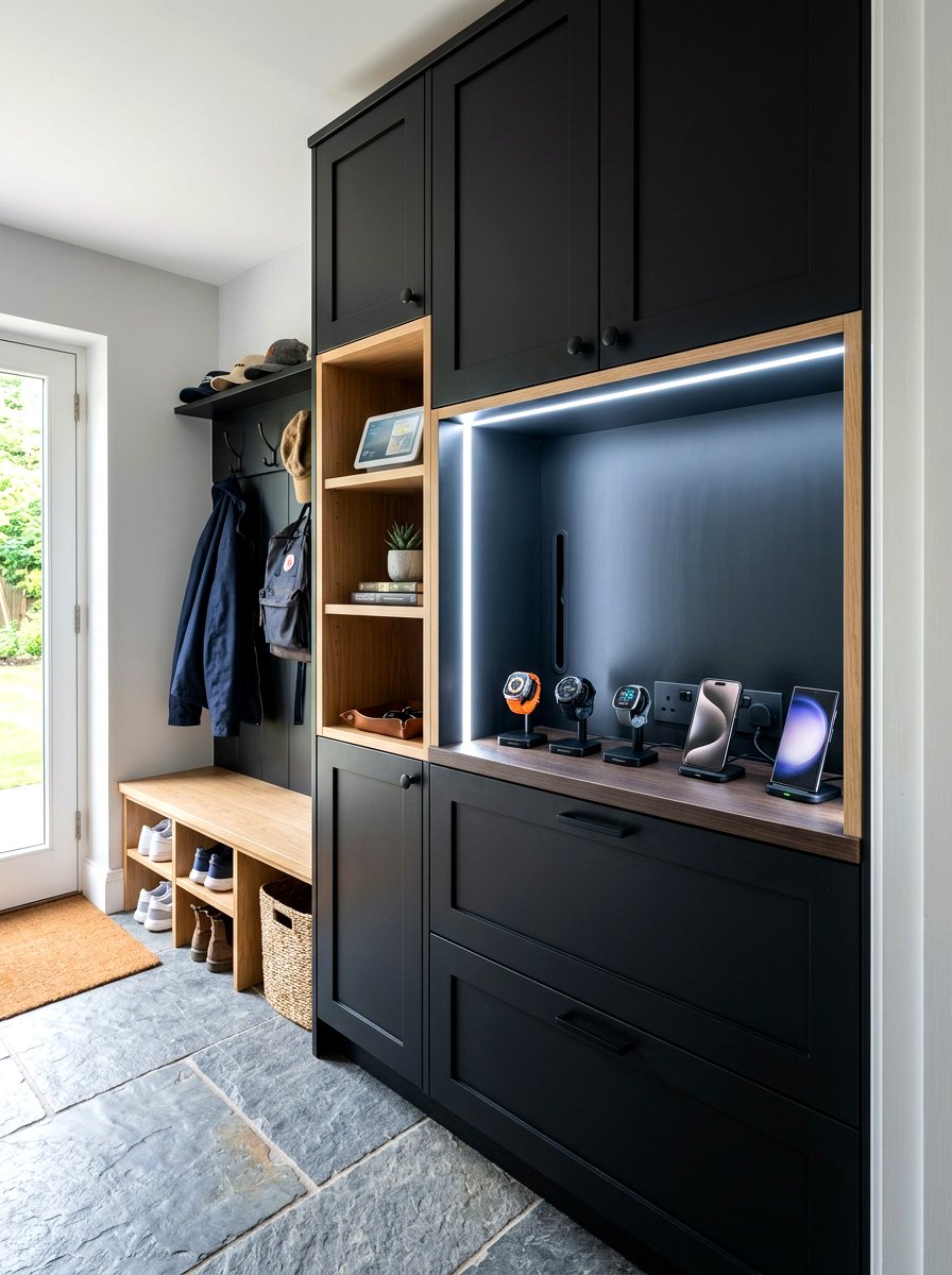 Tech integrated mudroom station - 30 sports gear mudroom ideas