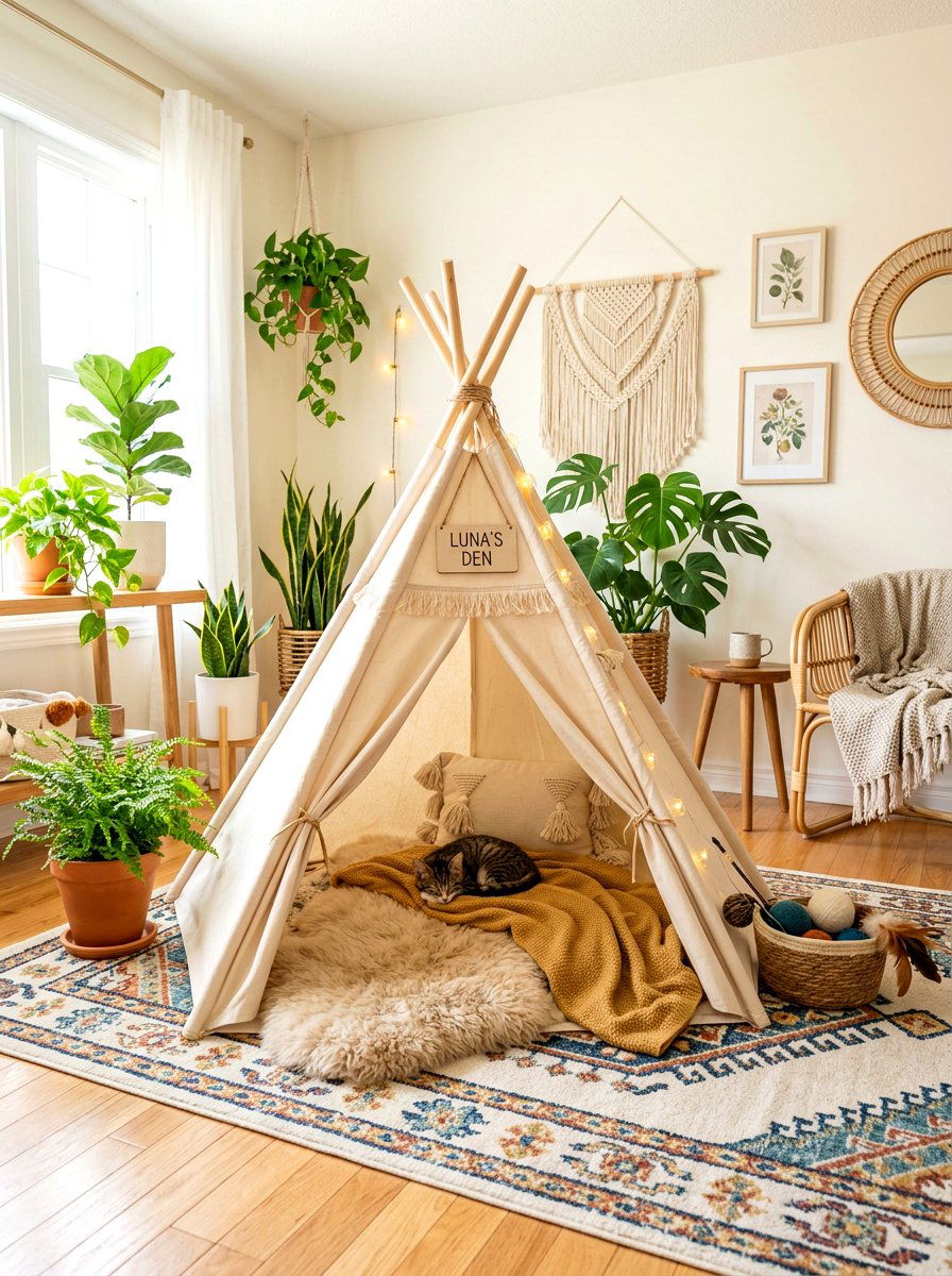 Teepee Tent Pet Corner - 30 pet nook living room ideas