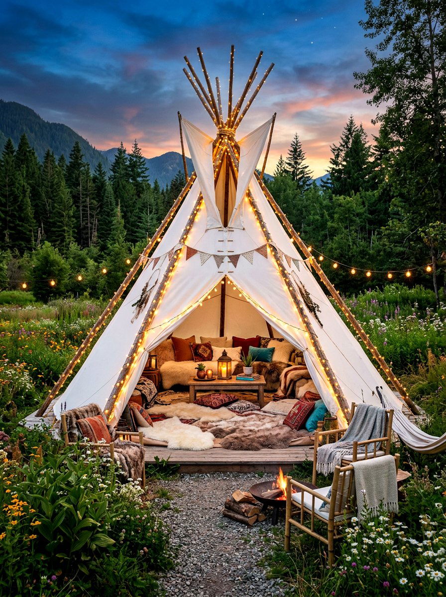 Teepee tent lounge area - 30 baby shower backyard decor ideas