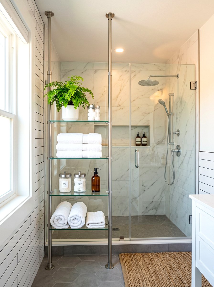 Tension Rod Bathroom Organizer - 30 no drill shelf styling ideas