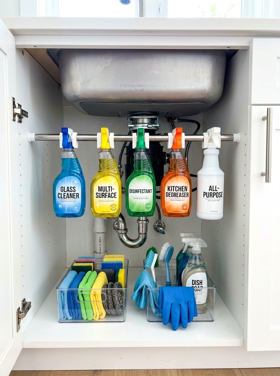 Tension Rod Cleaning Station - 30 under sink kitchen organization ideas