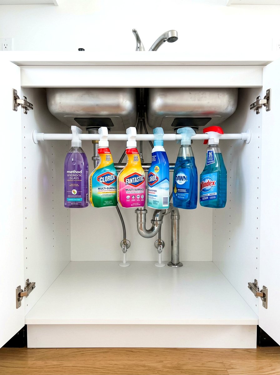 Tension Rod Spray Bottle Storage - 30 cleaning closet organization ideas