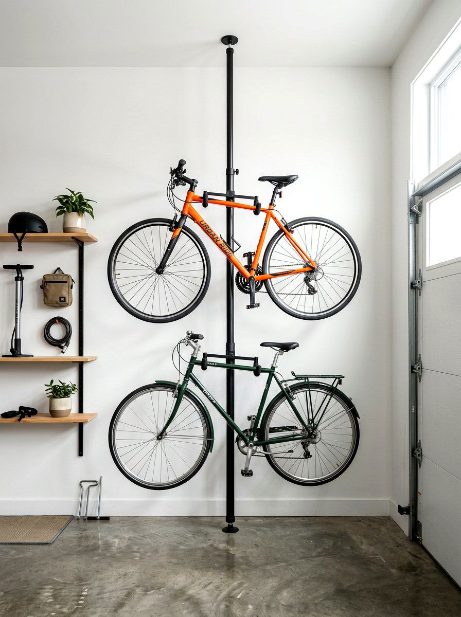 Tension pole bike rack - 30 garage bike storage ideas