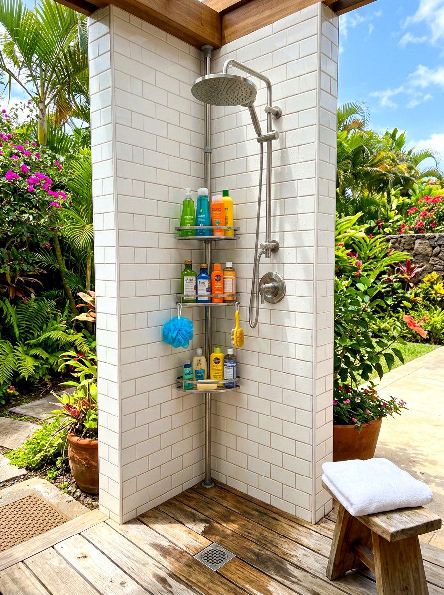 Tension pole shower organizer - 30 renter safe bathroom shelf ideas