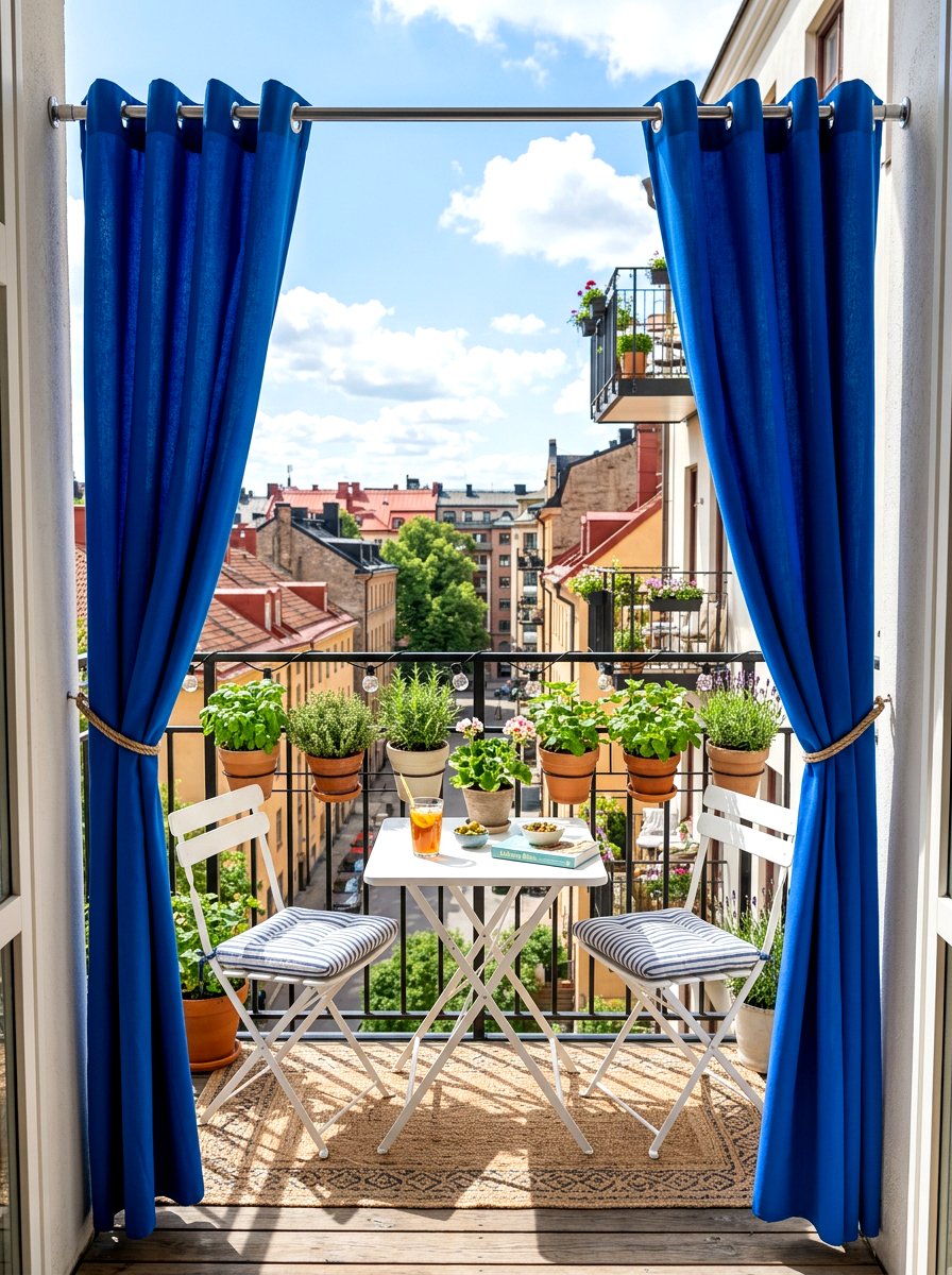 Tension rod balcony curtains - 30 apartment patio privacy ideas