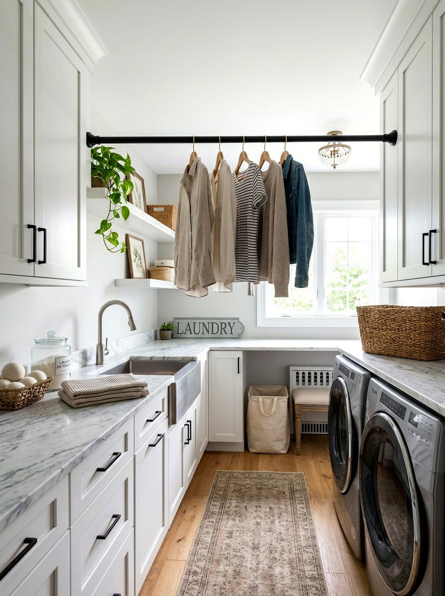 Tension rod between laundry cabinets - 30 laundry room hanging rod ideas