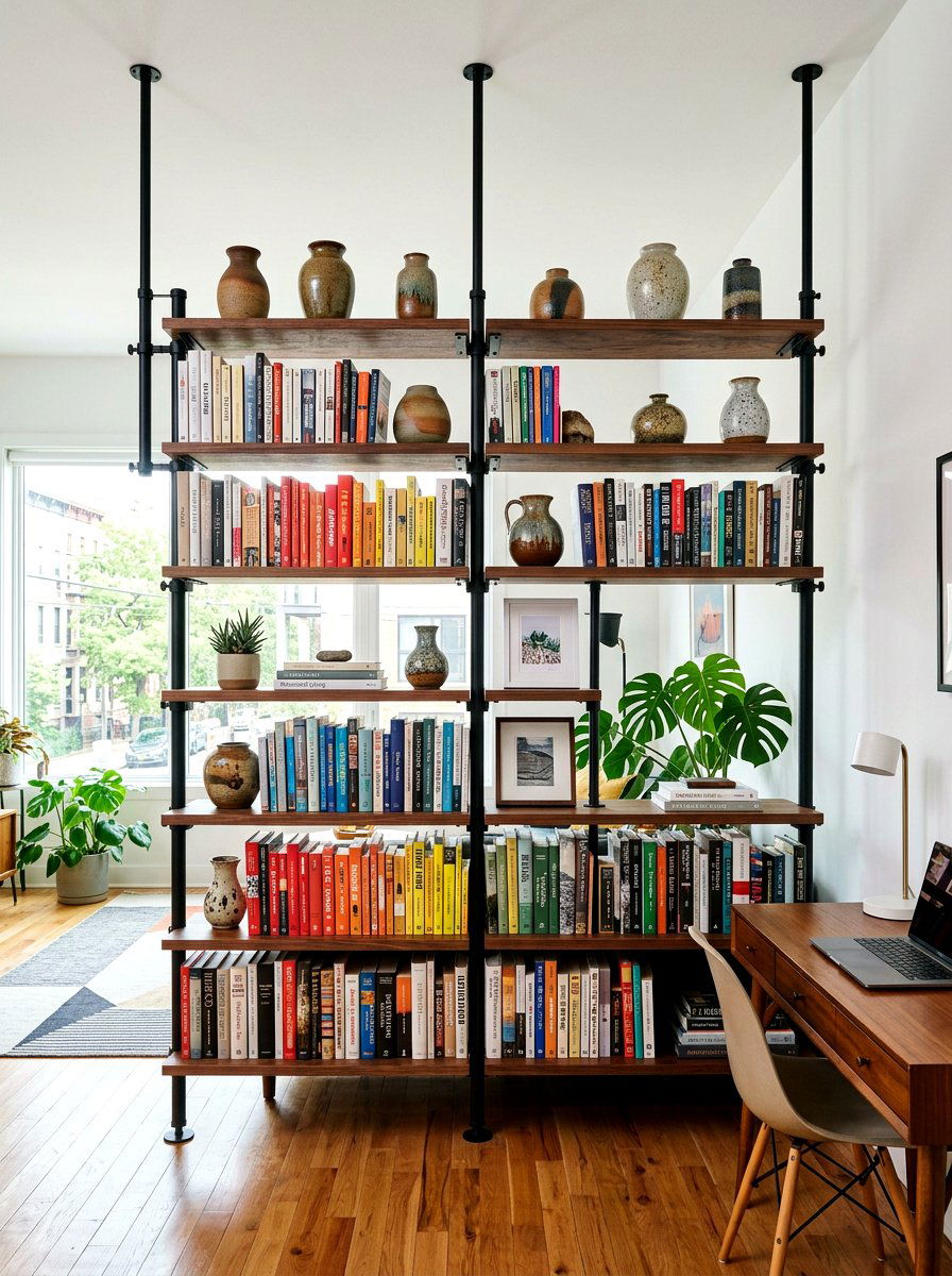 Tension rod bookshelf - 30 renter friendly home office ideas