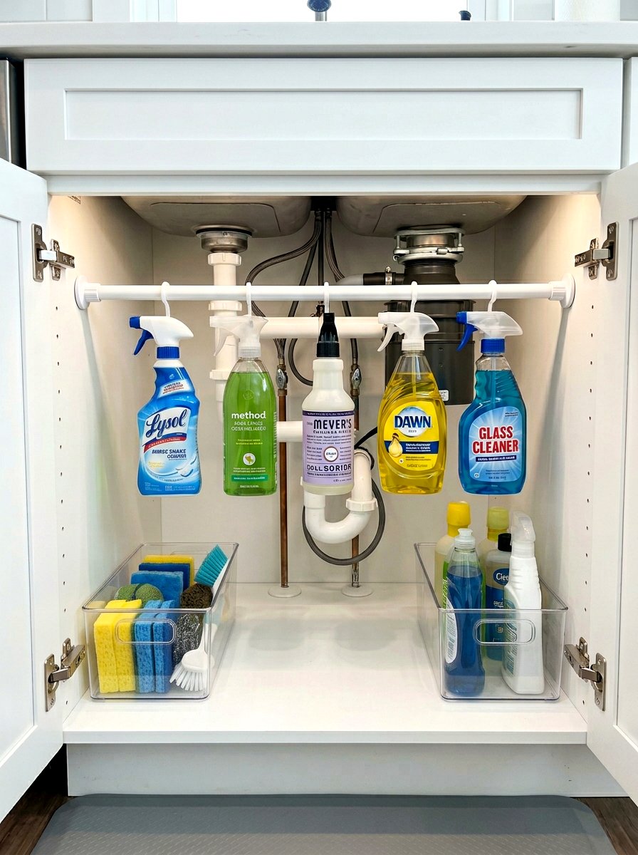 Tension rod for spray bottles - 30 cleaning supply storage ideas
