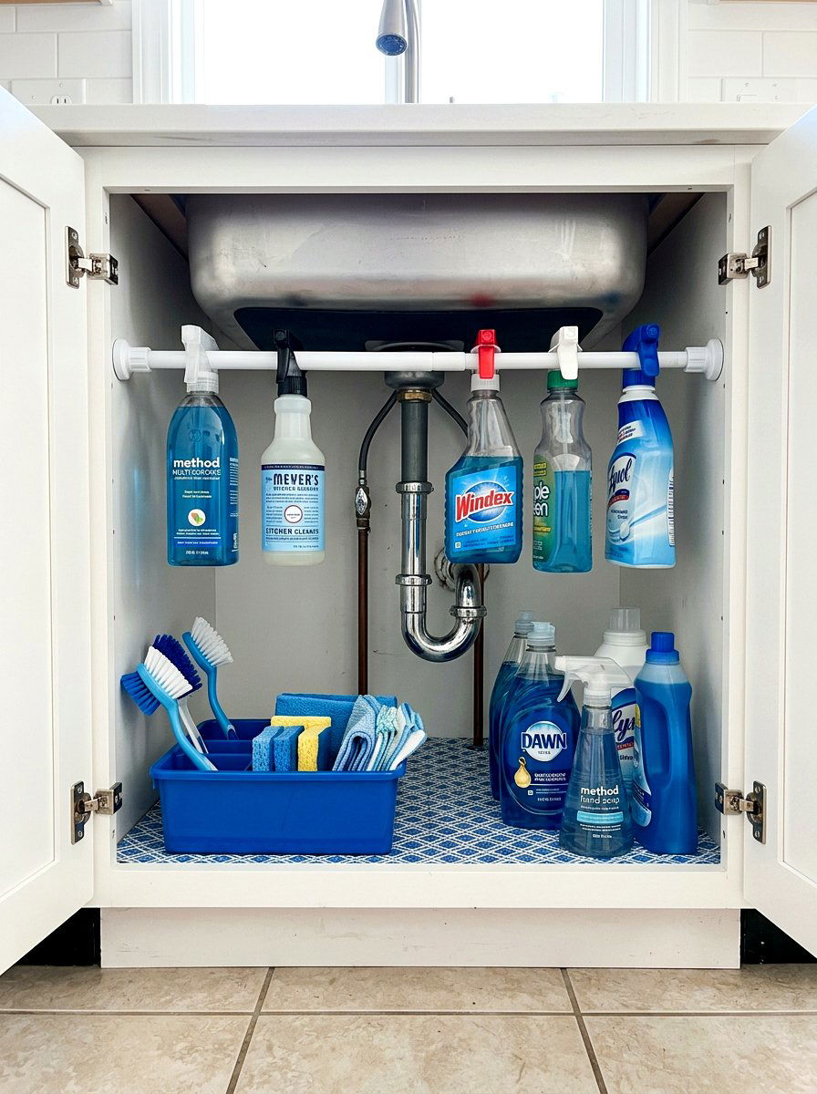 Tension rod for spray bottles - 30 organizing under sink storage ideas