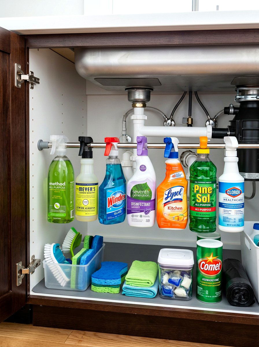 Tension rod for spray bottles - 30 apartment kitchen storage ideas
