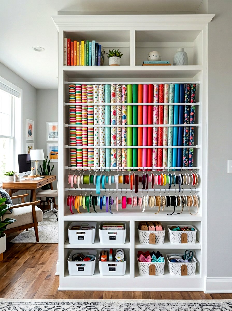 Tension rod gift wrap rack - 30 gift wrapping station ideas
