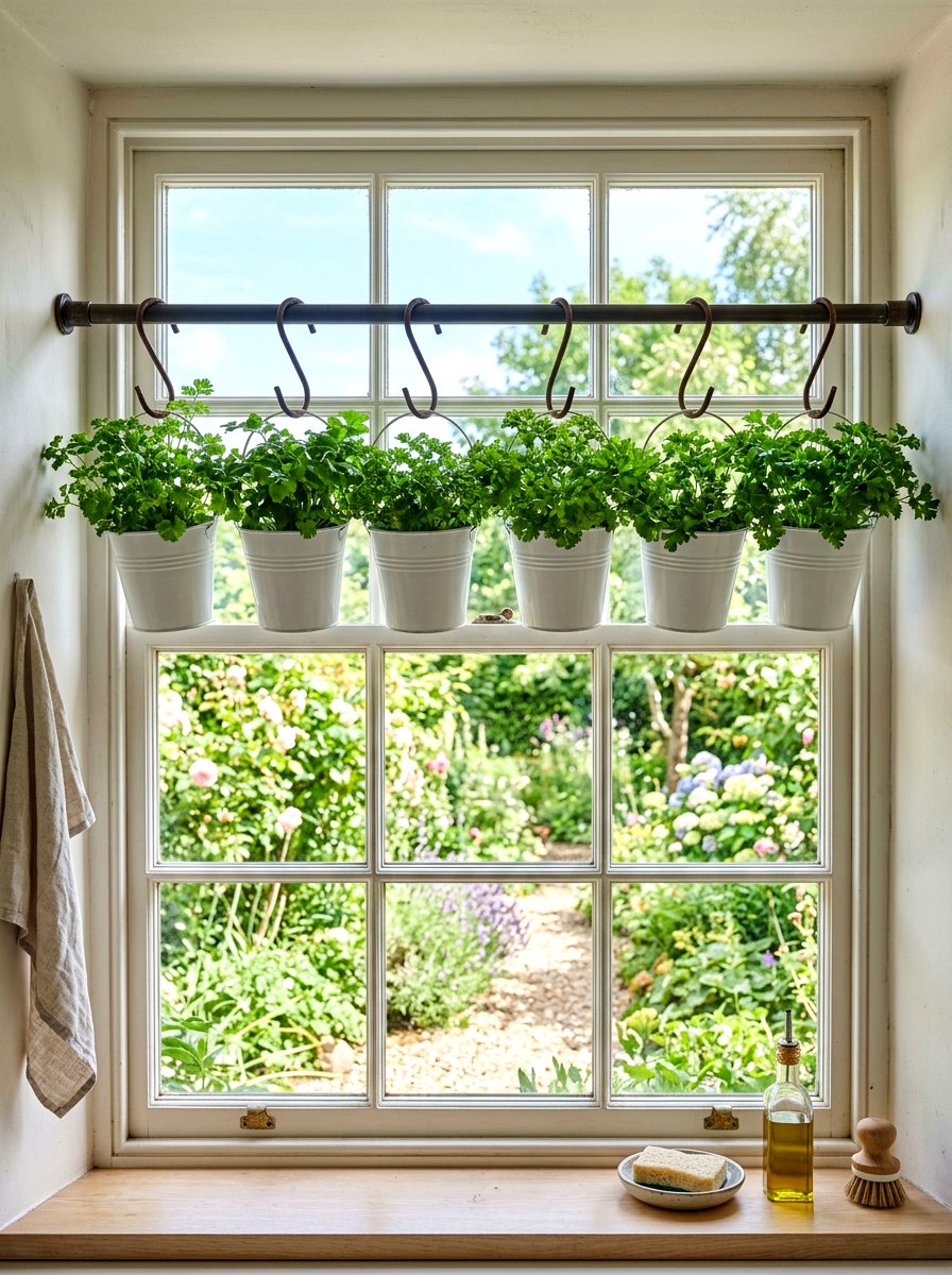 Tension rod herb display - 30 kitchen herb shelf ideas
