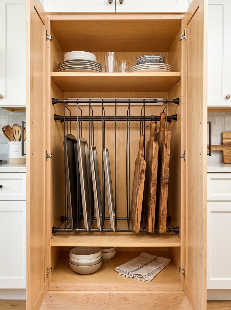 Tension rod organizer - 30 renter friendly kitchen storage ideas