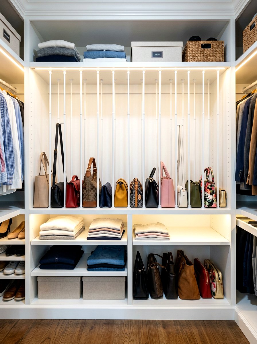 Tension rod separator - 30 handbag storage ideas