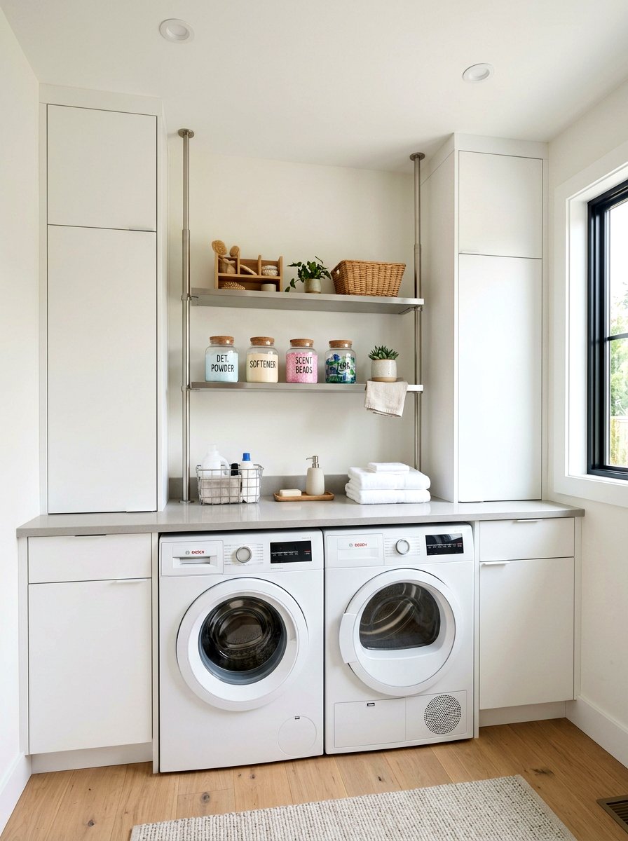 Tension rod shelf - 30 no drill shelving ideas