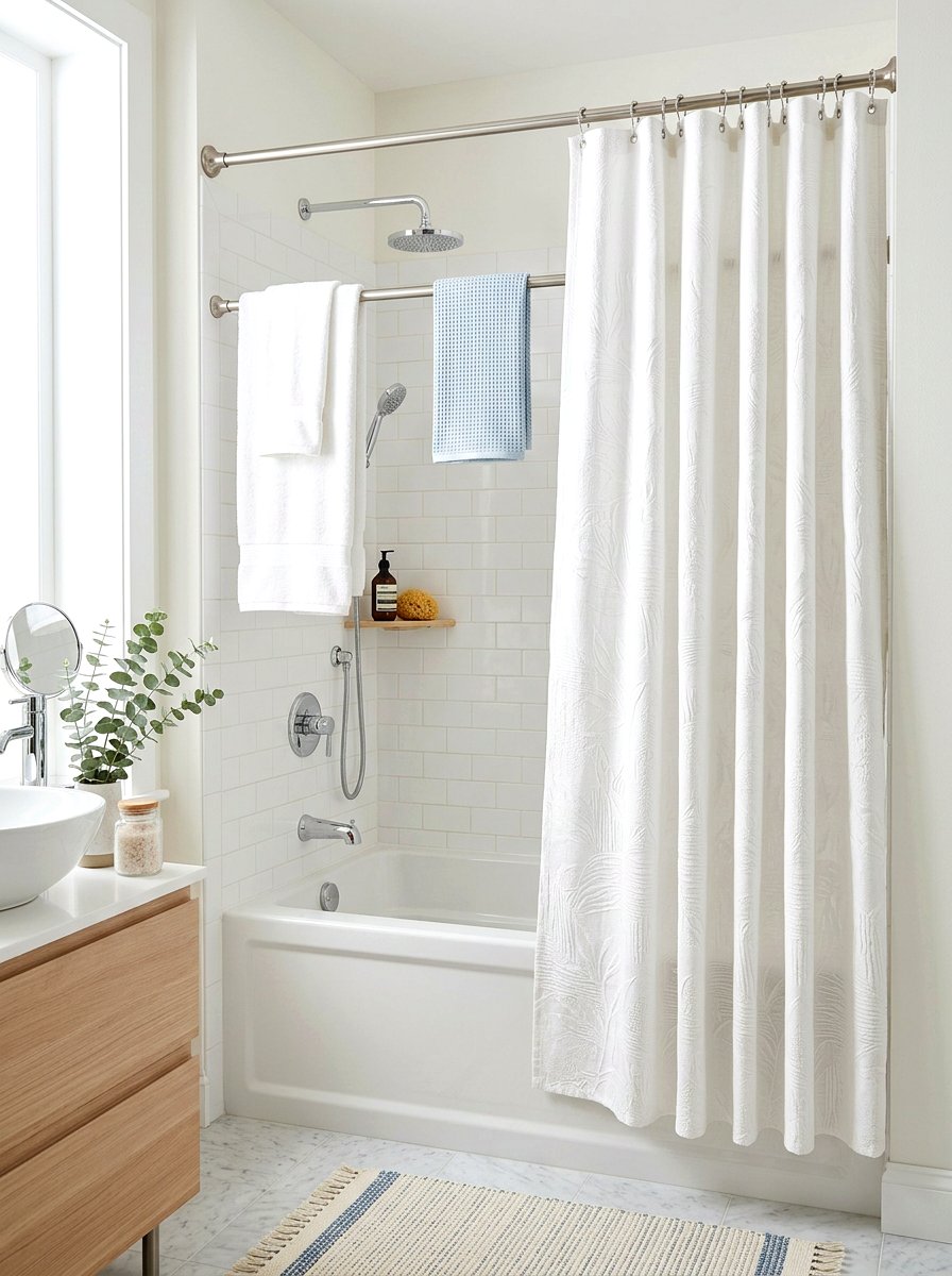 Tension rod shower curtain - 30 rental bathroom makeover ideas aesthetic