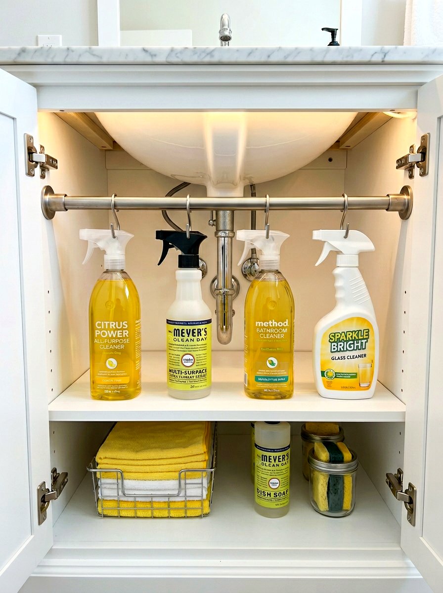Tension rod spray bottle holder - 30 under sink bathroom storage ideas