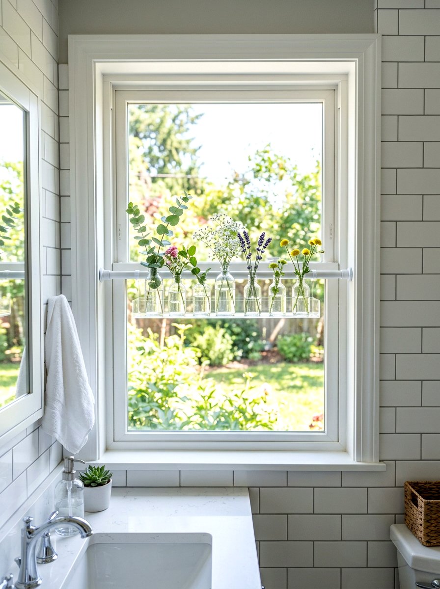 Tension rod window shelf - 30 renter safe bathroom shelf ideas