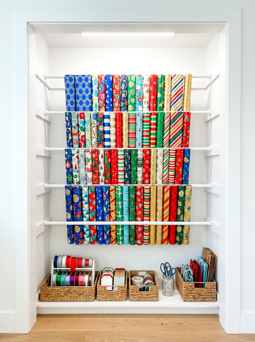 Tension rod wrapping paper storage - 30 wrapping paper storage ideas