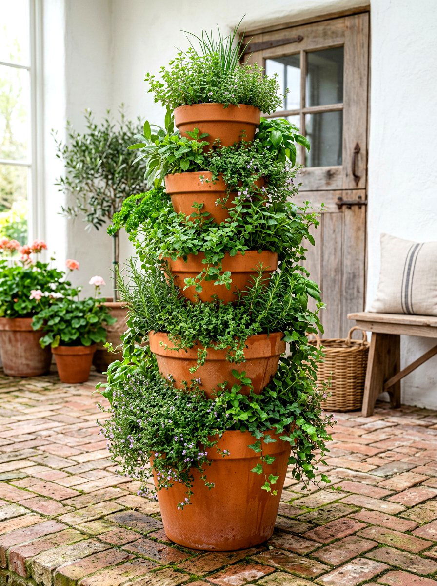 Terra Cotta Pot Herb Tower - 30 rustic herb garden ideas