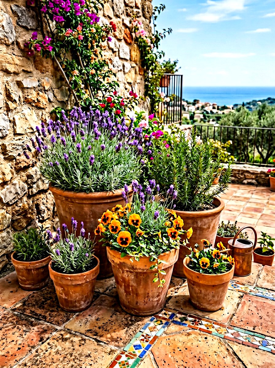 Terra cotta pot cluster - 30 flower container garden ideas
