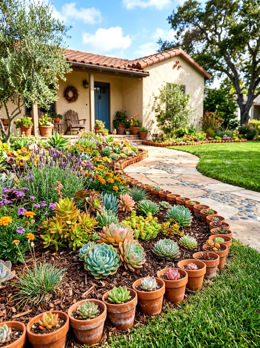 Terra cotta pot edging - 30 front yard edging ideas
