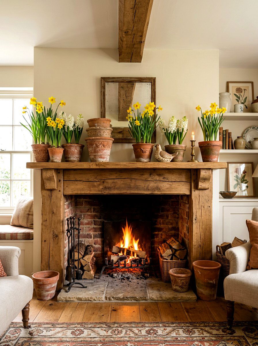 Terra cotta pot mantel - 30 spring mantel decor ideas