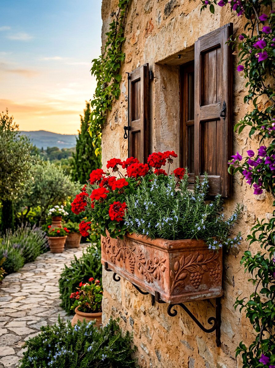 Terra cotta window box - 30 front window planter ideas