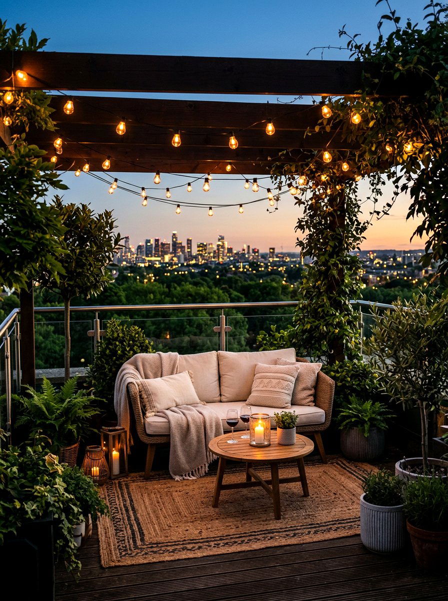 Terrace String Lights - 30 small terrace garden ideas
