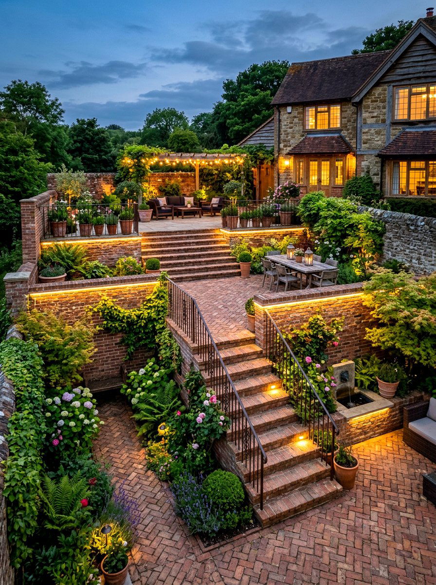 Terraced Brick Courtyard - 30 brick courtyard patio ideas