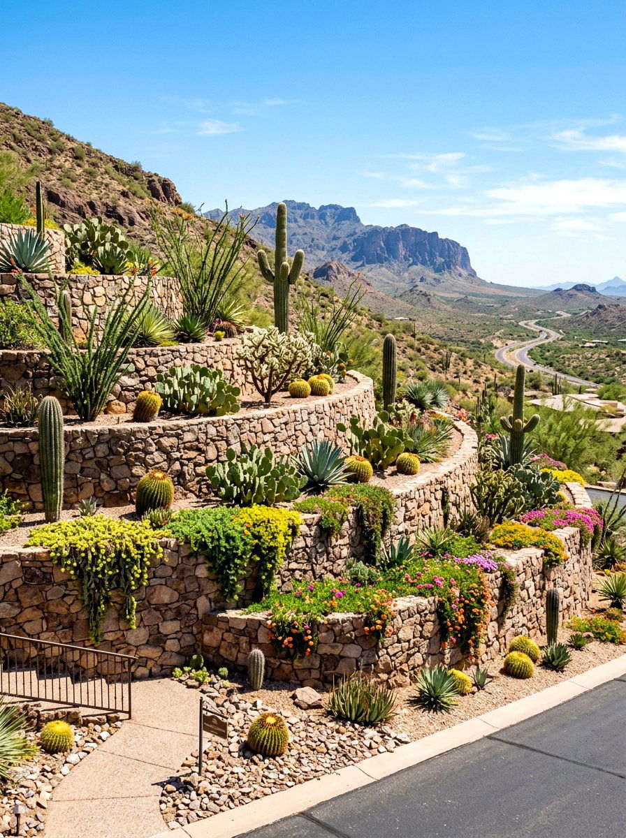 Terraced Desert Garden Slope - 30 cactus front yard ideas