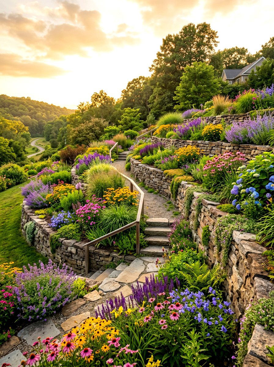 Terraced Hillside Rain Garden - 30 rainwater garden ideas