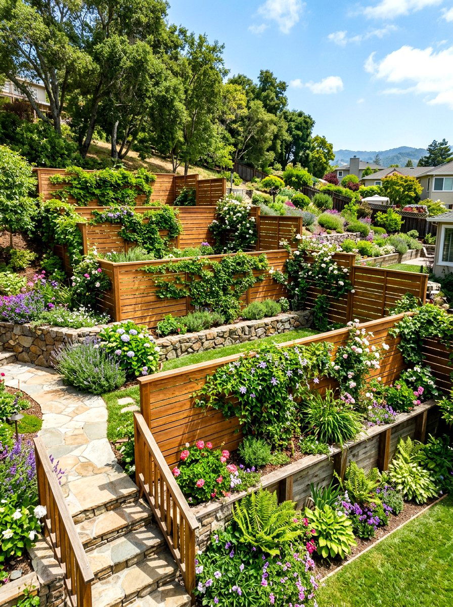 Terraced Privacy Fence - 30 tiered backyard ideas