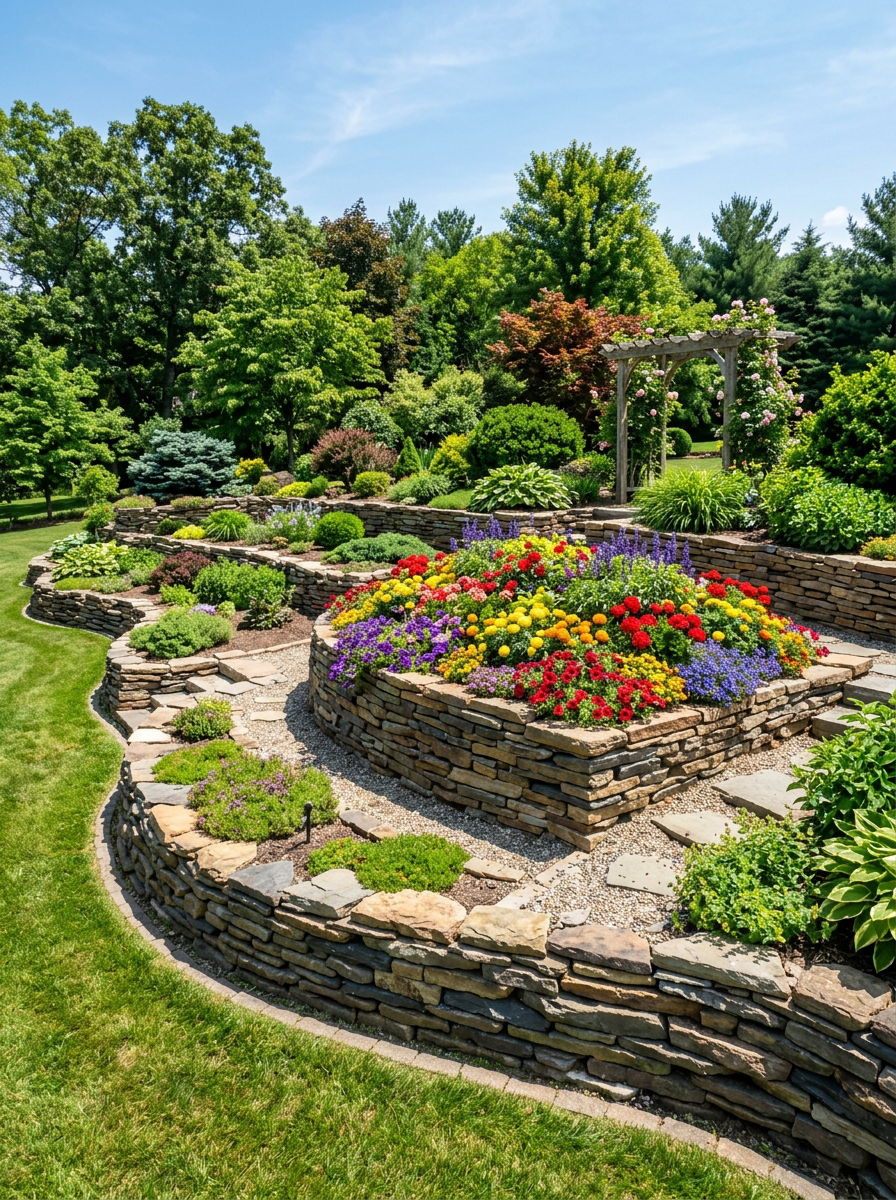Terraced Rock Layers - 30 rock flower bed ideas