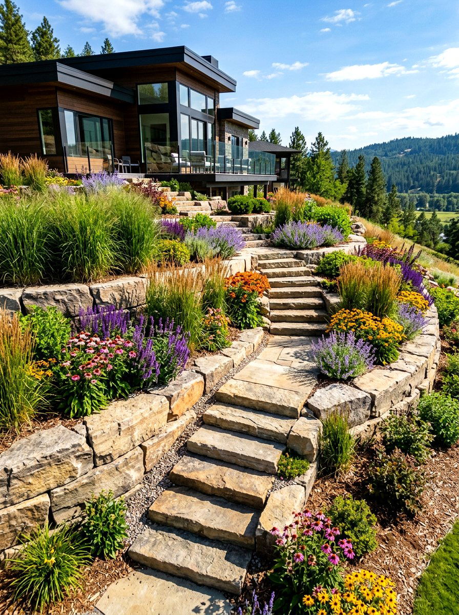 Terraced Stone Steps - 30 front yard walkway ideas