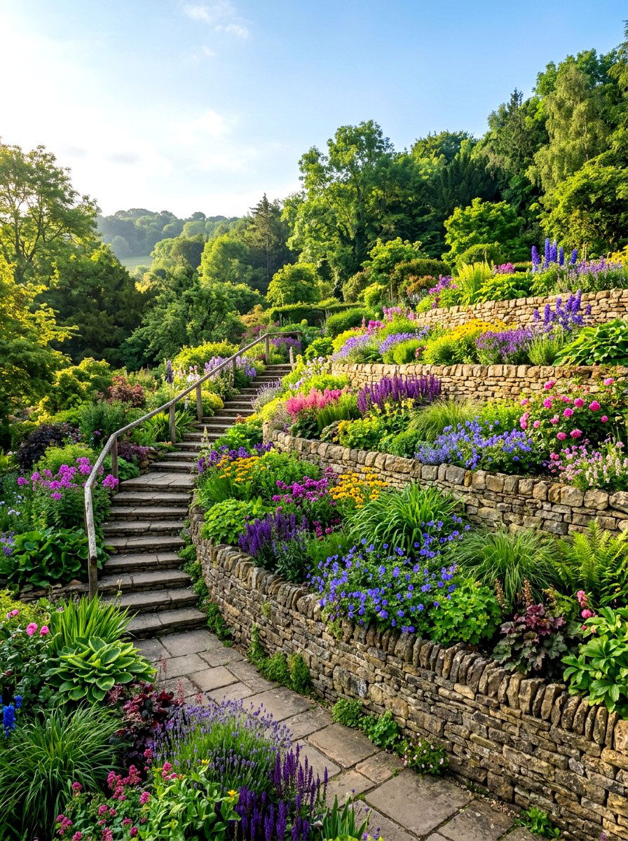 Terraced garden walk - 30 front yard pathway ideas